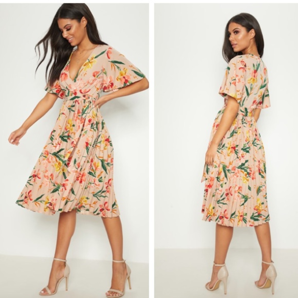 Pink Floral Pleated Midi Dress
